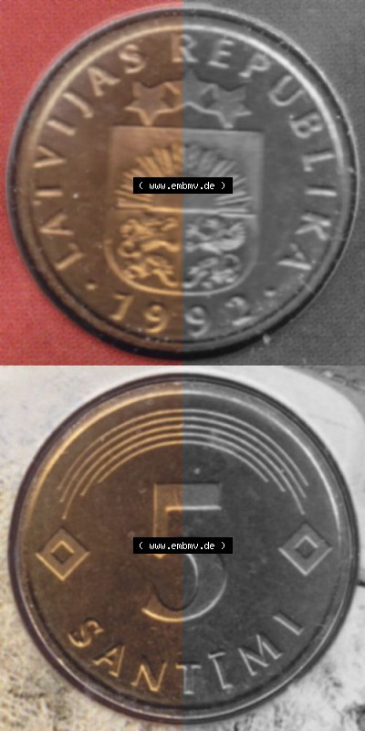 Münzen Lettland Umlaufmünze 1992-2009, 5 Centimes 1992, Münze aus Münzensatz, Münzseiten Vertikal für Mobile-Geräte als... Sammlung