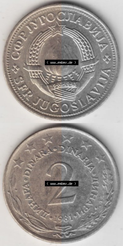 Münzen Jugoslawien Umlaufmünze 1971-1981, 2 Dinar 1981, Münzseiten Vertikal für Mobile-Geräte als Bildmaterial Sammlung
