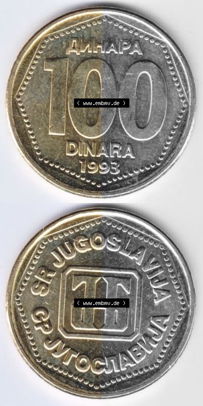 Münzen Jugoslawien Umlaufmünze 1993-1993, 100 Dinara, Dinar, Münzseiten Vertikal für Mobile-Geräte als Bildmaterial Sammlung
