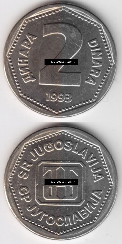 Münzen Jugoslawien Umlaufmünze 1993-1993, 2 Dinara, Dinar, Münzseiten Vertikal für Mobile-Geräte als Bildmaterial Sammlung
