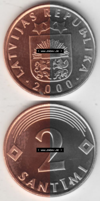 Münzen Lettland Umlaufmünze 1992-2009, 2 Santimi 2000, Münzseiten Vertikal für Mobile-Geräte als Bildmaterial Sammlung