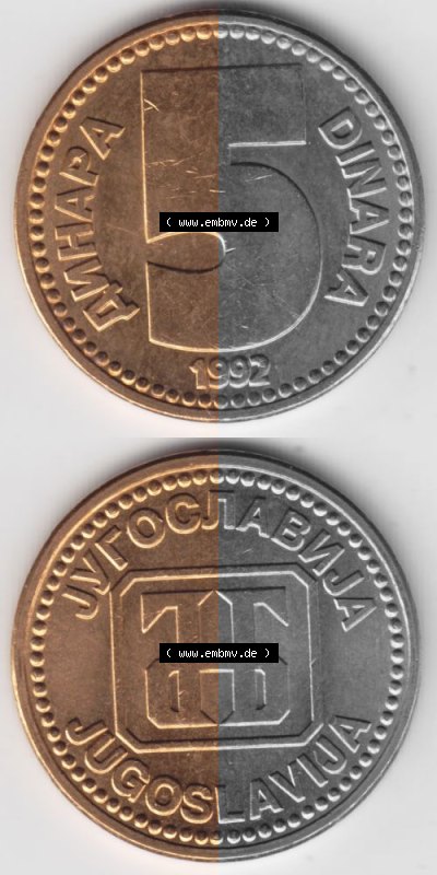 Münzen Jugoslawien Umlaufmünze 1992-1992, 5 Dinara, Anhapa, Dinar, Münzseiten Vertikal für Mobile-Geräte als Bildmaterial Sammlung
