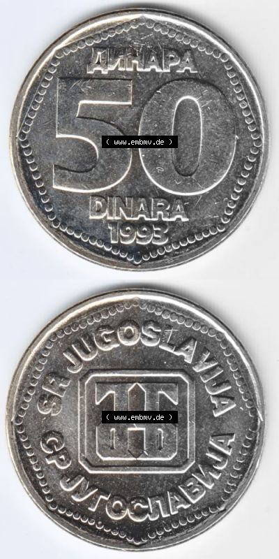 Münzen Jugoslawien Umlaufmünze 1993-1993, 50 Diinara, Dinar, Münzseiten Vertikal für Mobile-Geräte als Bildmaterial Sammlung