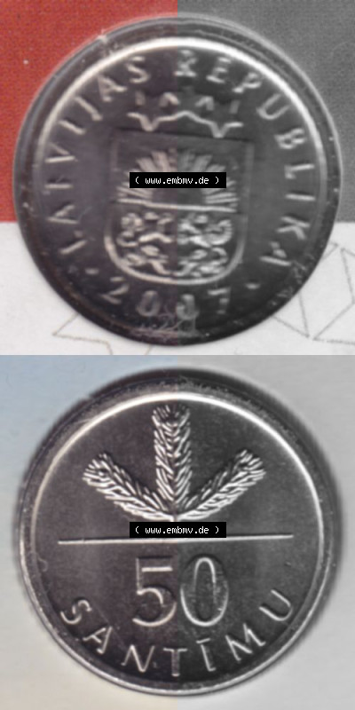 Münzen Lettland Umlaufmünze 1992-2009, 50 Centimes 2007, Münze aus Münzensatz, Münzseiten Vertikal für Mobile-Geräte als... Sammlung