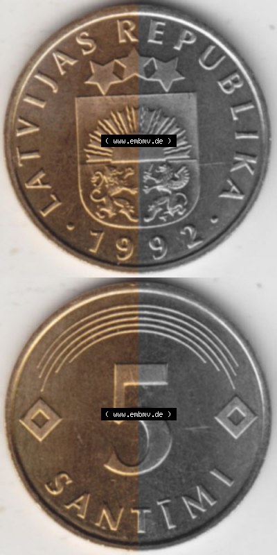 Münzen Lettland Umlaufmünze 1992-2009, 5 Santimi 1992, Münzseiten Vertikal für Mobile-Geräte als Bildmaterial Sammlung