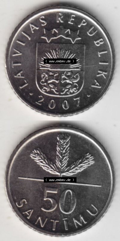 Münzen Lettland Umlaufmünze 1992-2009, 50 Santimu 2007, Münzseiten Vertikal für Mobile-Geräte als Bildmaterial Sammlung