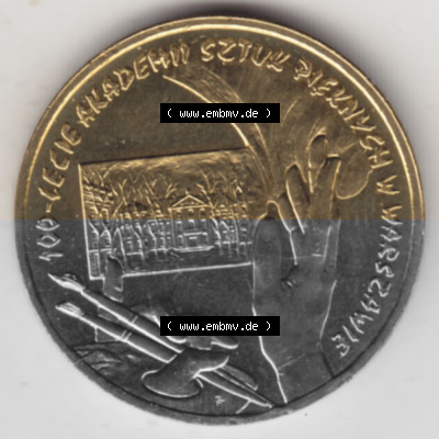 Münzen Polen Gedenkmünze 2004-2004, 2 Zloty, 100 Jahre Gründung der Kunstakademie, Bild mit Rückseite der Münze als Bildmaterial Sammlung