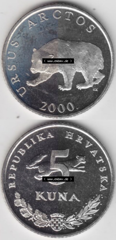 Münzen Kroatien Umlaufmünze 1994-2022, 5 Kuna 2000, Münzseiten Vertikal für Mobile-Geräte als Bildmaterial Sammlung