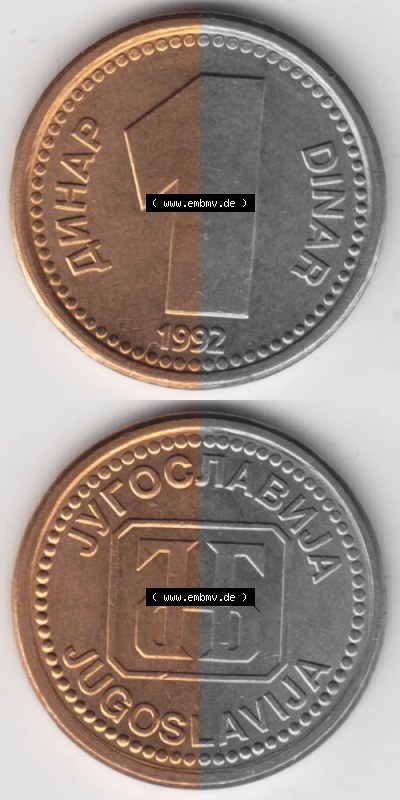 Münzen Jugoslawien Umlaufmünze 1992-1992, 1 Dinar, Anhap, Münzseiten Vertikal für Mobile-Geräte als Bildmaterial Sammlung