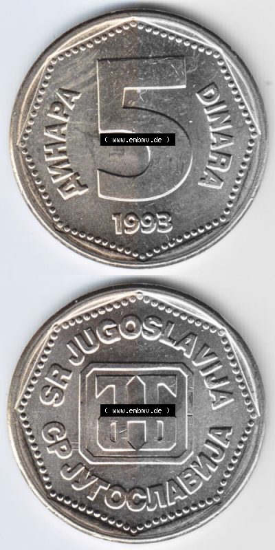 Münzen Jugoslawien Umlaufmünze 1993-1993, 5 Dinara, Dinar, Münzseiten Vertikal für Mobile-Geräte als Bildmaterial Sammlung
