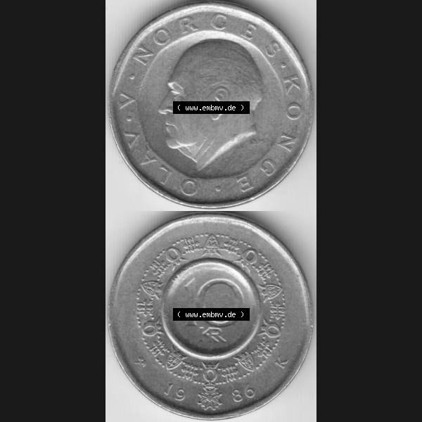 Grau bzw. s/w Münzen Norwegen Umlaufmünze 1983-1991, 10 Kronen 1986, Münze aus Norwegen aus Umlauf / Zahlungsverkehr mit Münzseiten Vertikal / Untereinander auf einen Bild für... Sammlung Graustufen