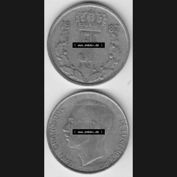 Grau bzw. s/w Münzen Luxemburg Umlaufmünze 1986-1988, 5 F, Francs, Franken 1987, Münzseiten Vertikal / Untereinander für Mobile-Geräte als Bildmaterial Sammlung Graustufen
