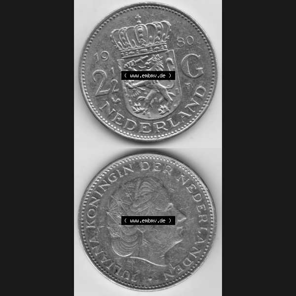 Grau bzw. s/w Münzen Niederlande Umlaufmünze 1969-1980, 2.50 Gulden 1980, Münzseiten Vertikal / Untereinander für Mobile-Geräte als Bildmaterial Sammlung Graustufen