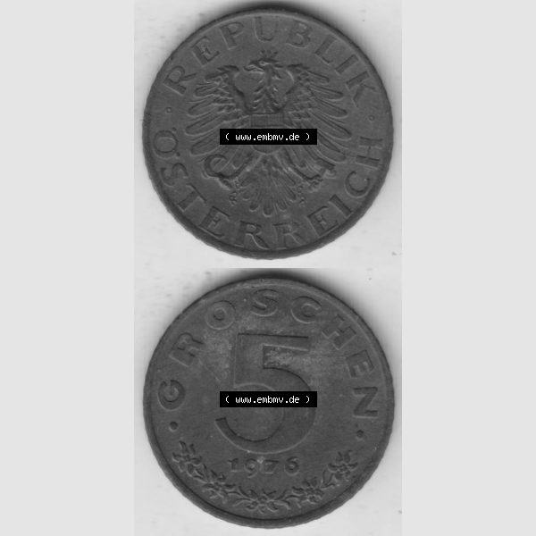 Grau bzw. s/w Münzen Österreich Umlaufmünze 1948-1994, 5 Groschen 1976, Münze aus Österreich mit Münzseiten Vertikal / Untereinander auf einen Bild für Mobile-Geräte... Sammlung Graustufen