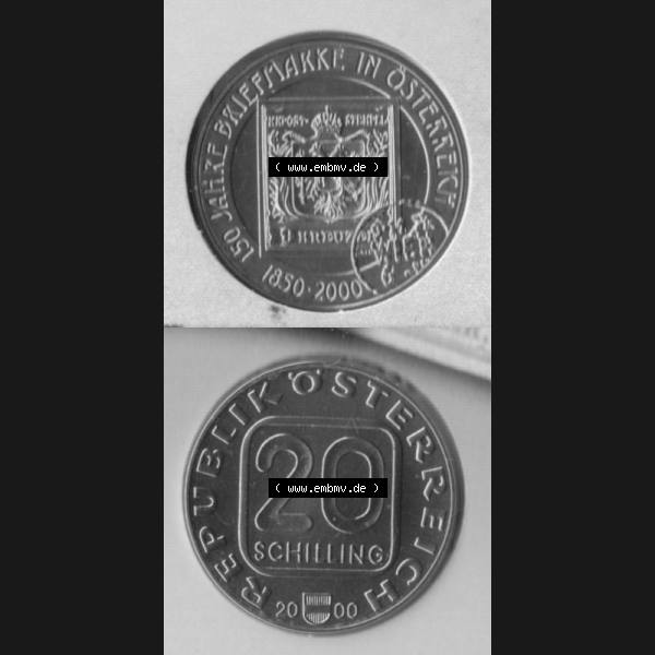 Grau bzw. s/w Münzen Österreich Umlaufmünze 2000-2000, 20 Schilling 150 Jahre Briefmarken, Münze aus Österreich mit Münzseiten Vertikal / Untereinander auf einen Bild für... Sammlung Graustufen