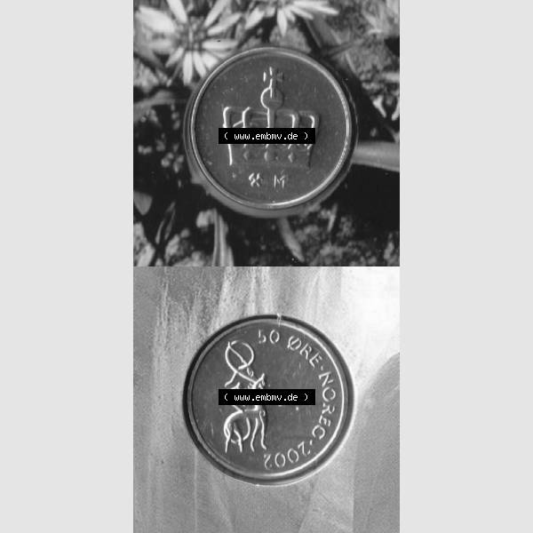 Grau bzw. s/w Münzen Norwegen Umlaufmünze 1986-2011, 50 Öre 2002, Münze aus Norwegen aus Münzensatz mit Münzseiten Vertikal / Untereinander auf einen Bild für Mobile-Geräte... Sammlung Graustufen