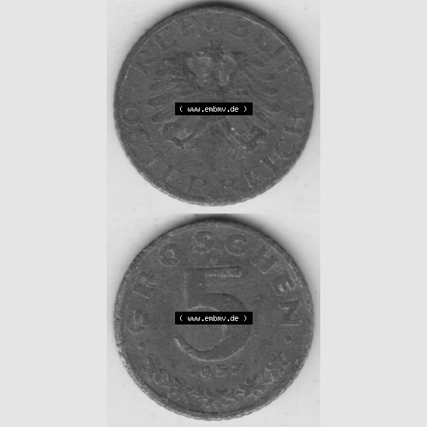Grau bzw. s/w Münzen Österreich Umlaufmünze 1948-1994, 5 Groschen 1957, Münze aus Österreich mit Münzseiten Vertikal / Untereinander auf einen Bild für Mobile-Geräte... Sammlung Graustufen