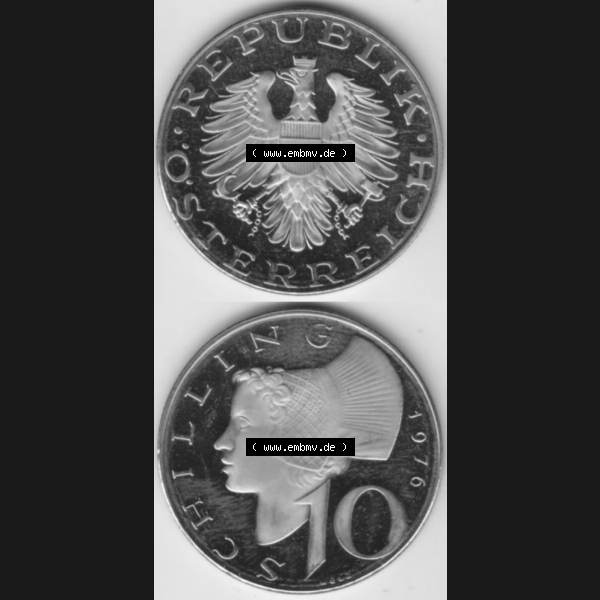 Grau bzw. s/w Münzen Österreich Umlaufmünze 1974-2001, 10 Schilling 1976, Münze aus Österreich mit Münzseiten Vertikal / Untereinander auf einen Bild für Mobile-Geräte... Sammlung Graustufen
