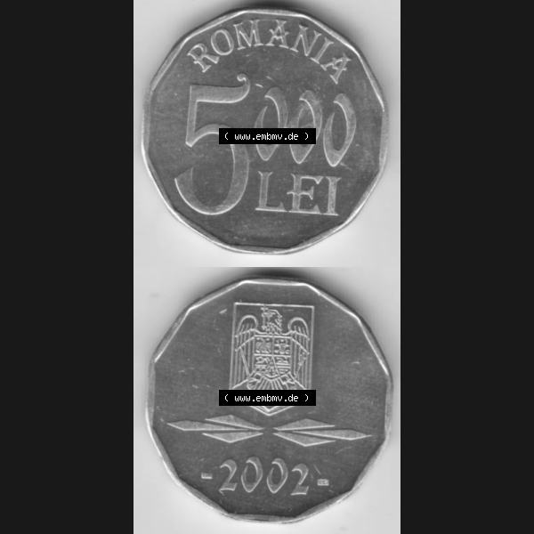Grau bzw. s/w Münzen Rumänien Umlaufmünze 2001-2006, 5000 Lei 2002, Münzseiten Vertikal für Mobile-Geräte als Bildmaterial Sammlung Graustufen