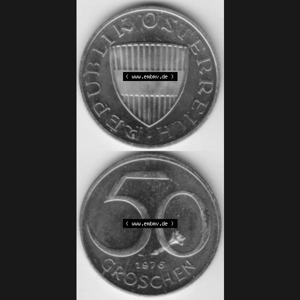 Grau bzw. s/w Münzen Österreich Umlaufmünze 1959-2001, 50 Groschen 1976, Münze aus Österreich mit Münzseiten Vertikal / Untereinander auf einen Bild für Mobile-Geräte... Sammlung Graustufen