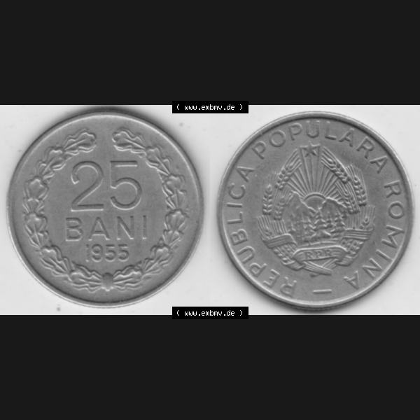 Grau bzw. s/w Münzen Rumänien Umlaufmünze 1955-1955, 25 Bani, Bild mit horizontaler Vollansicht als Bildmaterial Sammlung Graustufen