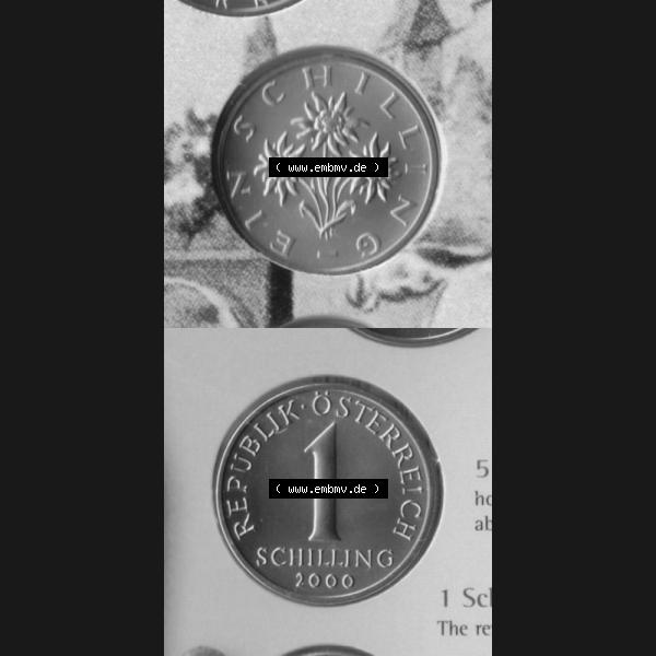 Grau bzw. s/w Münzen Österreich Umlaufmünze 1959-2001, 1 Schilling 2000, Münze aus Österreich mit Münzseiten Vertikal / Untereinander auf einen Bild für Mobile-Geräte... Sammlung Graustufen