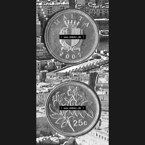 Grau bzw. s/w Münzen Malta Umlaufmünze 1991-2007, 25 Cent 2007, Münzseiten Vertikal / Untereinander für Mobile-Geräte als Bildmaterial Sammlung Graustufen