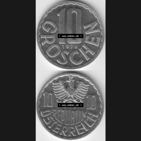 Grau bzw. s/w Münzen Österreich Umlaufmünze 1951-2001, 10 Groschen 1976, Münze aus Österreich mit Münzseiten Vertikal / Untereinander auf einen Bild für Mobile-Geräte... Sammlung Graustufen
