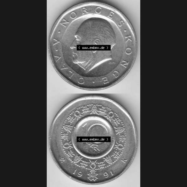 Grau bzw. s/w Münzen Norwegen Umlaufmünze 1983-1991, 10 Kronen 1991, Münze aus Norwegen aus Umlauf / Zahlungsverkehr mit Münzseiten Vertikal / Untereinander auf einen Bild für... Sammlung Graustufen