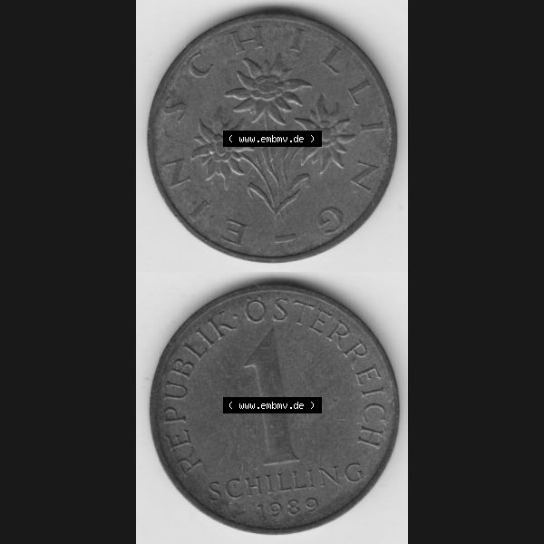Grau bzw. s/w Münzen Österreich Umlaufmünze 1959-2001, 1 Schilling 1989, Münze aus Österreich mit Münzseiten Vertikal / Untereinander auf einen Bild für Mobile-Geräte... Sammlung Graustufen