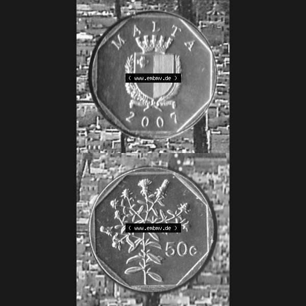 Grau bzw. s/w Münzen Malta Umlaufmünze 1991-2007, 50 Cent 2007, Münzseiten Vertikal / Untereinander für Mobile-Geräte als Bildmaterial Sammlung Graustufen