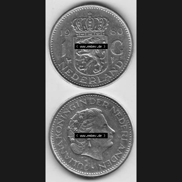 Grau bzw. s/w Münzen Niederlande Umlaufmünze 1967-1980, 1 Gulden 1980, Münzseiten Vertikal / Untereinander für Mobile-Geräte als Bildmaterial Sammlung Graustufen