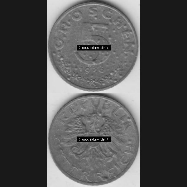 Grau bzw. s/w Münzen Österreich Umlaufmünze 1948-1994, 5 Groschen 1976, Münze aus Österreich mit Münzseiten Vertikal / Untereinander auf einen Bild für Mobile-Geräte... Sammlung Graustufen