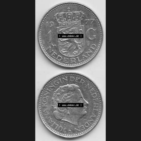 Grau bzw. s/w Münzen Niederlande Umlaufmünze 1967-1980, 1 Gulden 1977, Münzseiten Vertikal / Untereinander für Mobile-Geräte als Bildmaterial Sammlung Graustufen
