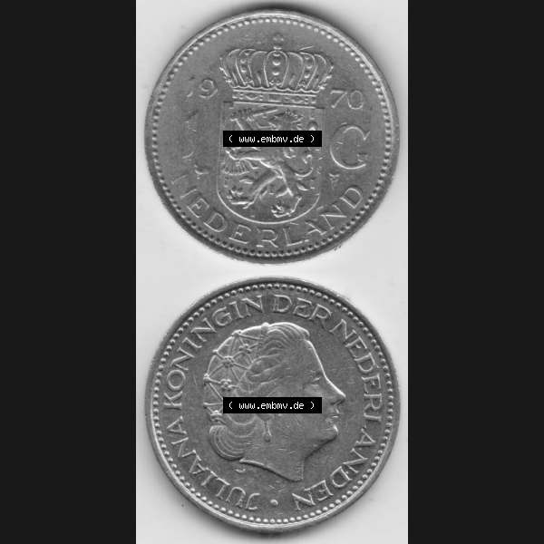 Grau bzw. s/w Münzen Niederlande Umlaufmünze 1967-1980, 1 Gulden 1970, Münzseiten Vertikal / Untereinander für Mobile-Geräte als Bildmaterial Sammlung Graustufen