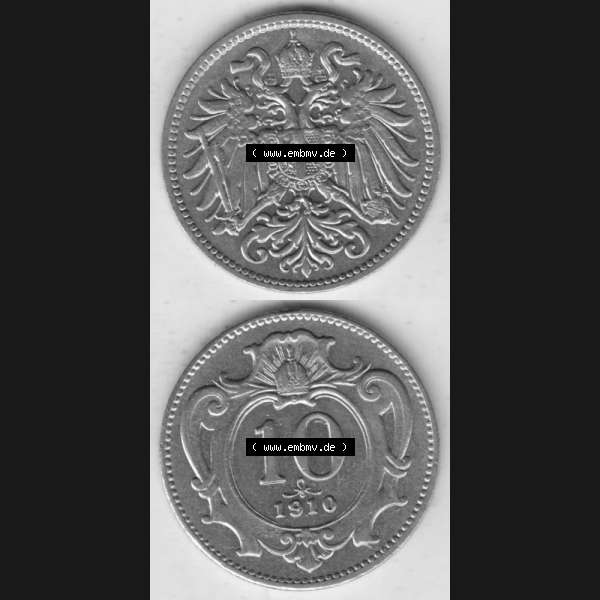 Grau bzw. s/w Münzen Österreich Umlaufmünze 1892-1911, 10 Heller 1910, Münze aus Österreich mit Münzseiten Vertikal / Untereinander auf einen Bild für Mobile-Geräte... Sammlung Graustufen