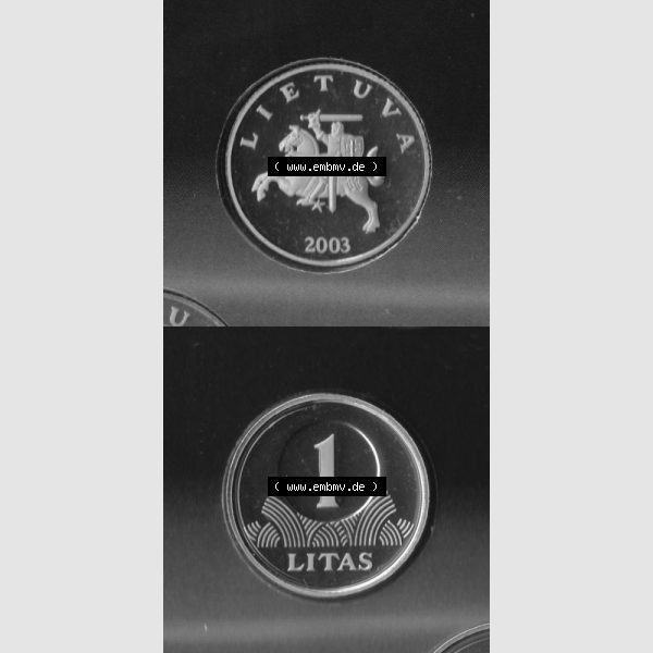 Grau bzw. s/w Münzen Litauen Umlaufmünze 1997-2014, 1 Litas 2003, Münzseiten Vertikal für Mobile-Geräte als Bildmaterial Sammlung Graustufen
