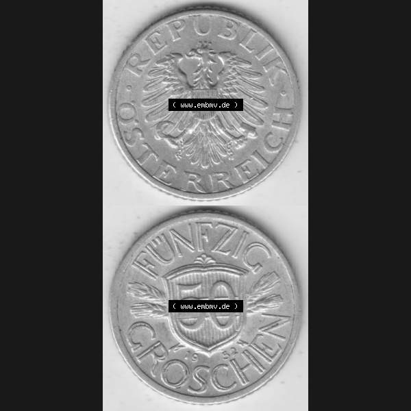 Grau bzw. s/w Münzen Österreich Umlaufmünze 1946-1955, 50 Groschen 1952, Münze aus Österreich mit Münzseiten Vertikal / Untereinander auf einen Bild für Mobile-Geräte... Sammlung Graustufen