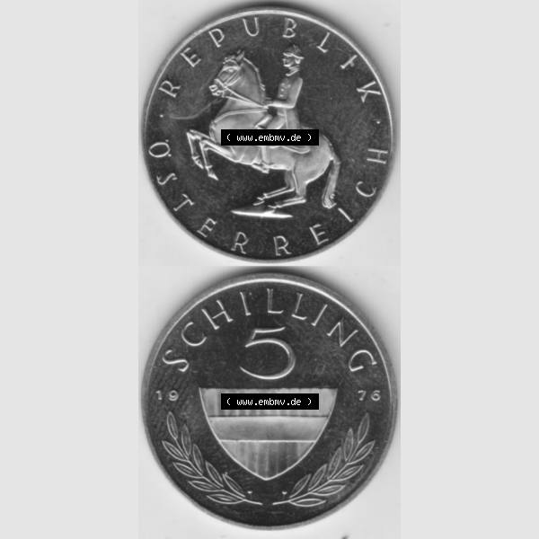 Grau bzw. s/w Münzen Österreich Umlaufmünze 1968-2001, 5 Schilling 1976, Münze aus Österreich mit Münzseiten Vertikal / Untereinander auf einen Bild für Mobile-Geräte... Sammlung Graustufen