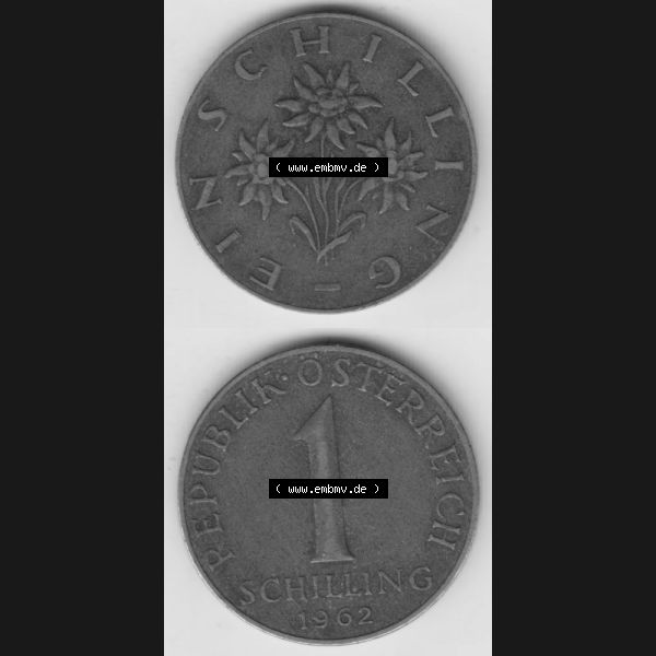 Grau bzw. s/w Münzen Österreich Umlaufmünze 1959-2001, 1 Schilling 1962, Münze aus Österreich mit Münzseiten Vertikal / Untereinander auf einen Bild für Mobile-Geräte... Sammlung Graustufen