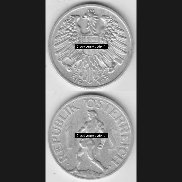 Grau bzw. s/w Münzen Österreich Umlaufmünze 1946-1957, 1 Schilling 1957, Münze aus Österreich mit Münzseiten Vertikal / Untereinander auf einen Bild für Mobile-Geräte... Sammlung Graustufen