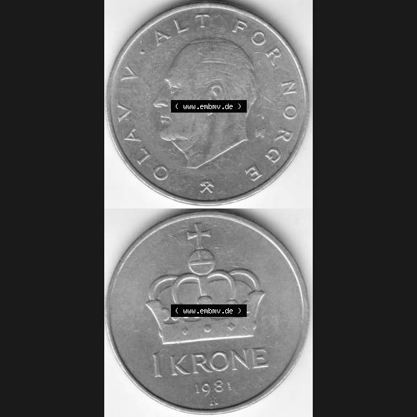 Grau bzw. s/w Münzen Norwegen Umlaufmünze 1974-1991, 1 Krone 1981, Münze aus Norwegen aus Umlauf / Zahlungsverkehr mit Münzseiten Vertikal / Untereinander auf einen Bild für... Sammlung Graustufen