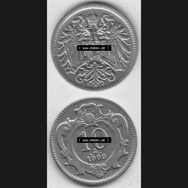 Grau bzw. s/w Münzen Österreich Umlaufmünze 1892-1911, 10 Heller 1909, Münze aus Österreich mit Münzseiten Vertikal / Untereinander auf einen Bild für Mobile-Geräte... Sammlung Graustufen