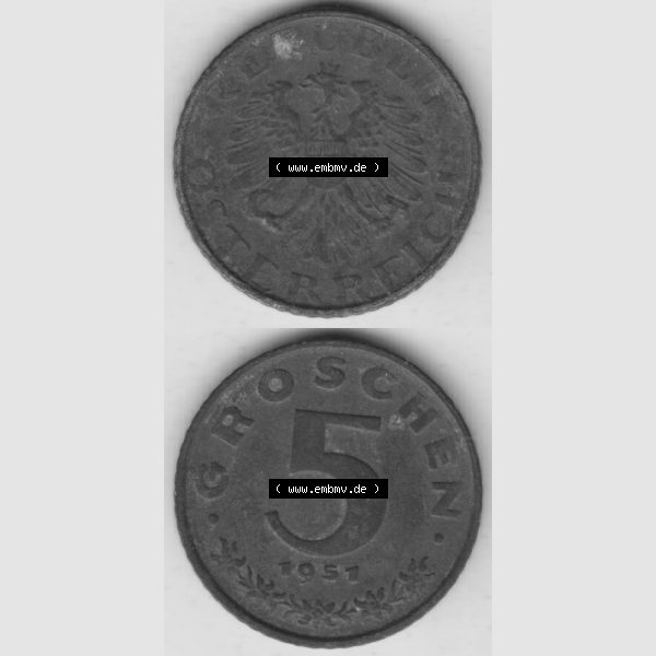 Grau bzw. s/w Münzen Österreich Umlaufmünze 1948-1994, 5 Groschen 1951, Münze aus Österreich mit Münzseiten Vertikal / Untereinander auf einen Bild für Mobile-Geräte... Sammlung Graustufen