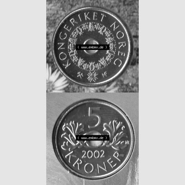Grau bzw. s/w Münzen Norwegen Umlaufmünze 1998-2017, 5 Kroner, Kronen 2002, Münze aus Norwegen aus Münzensatz mit Münzseiten Vertikal / Untereinander auf einen Bild für... Sammlung Graustufen