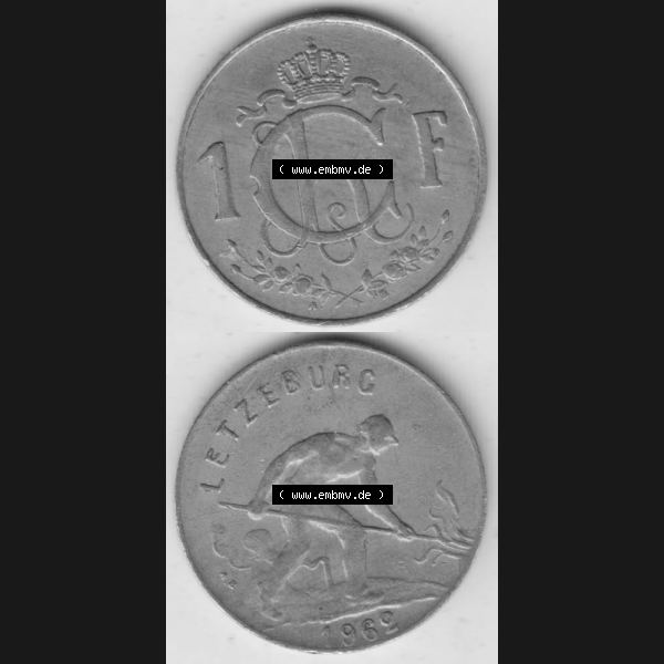 Grau bzw. s/w Münzen Luxemburg Umlaufmünze 1952-1964, 1 F, Franc, Franken 1962 II., Münzseiten Vertikal für Mobile-Geräte als Bildmaterial Sammlung Graustufen