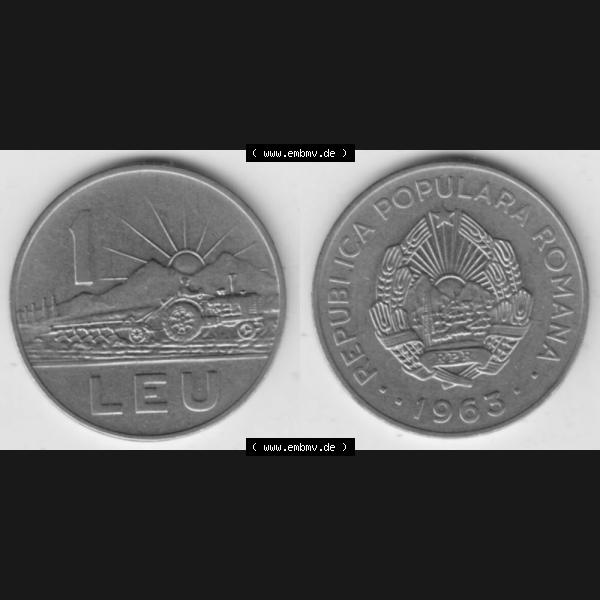 Grau bzw. s/w Münzen Rumänien Umlaufmünze 1963-1963, 1 Leu, Bild mit horizontaler Vollansicht als Bildmaterial Sammlung Graustufen