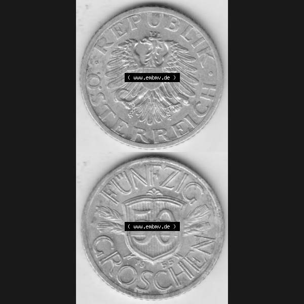 Grau bzw. s/w Münzen Österreich Umlaufmünze 1946-1955, 50 Groschen 1955, Münze aus Österreich mit Münzseiten Vertikal / Untereinander auf einen Bild für Mobile-Geräte... Sammlung Graustufen