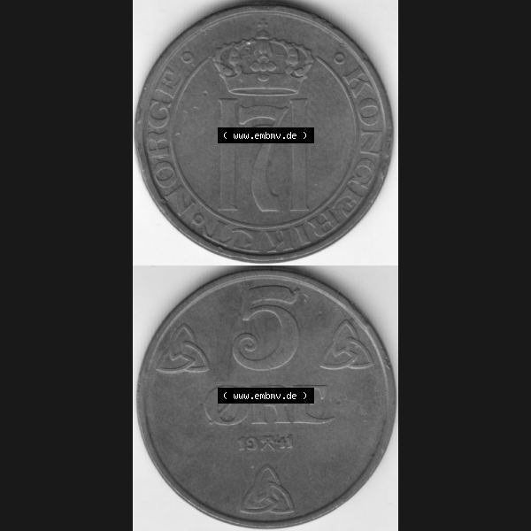 Grau bzw. s/w Münzen Norwegen Umlaufmünze 1908-1952, 5 Öre 1941, Münze aus Norwegen aus Umlauf / Zahlungsverkehr mit Münzseiten Vertikal / Untereinander auf einen Bild für... Sammlung Graustufen