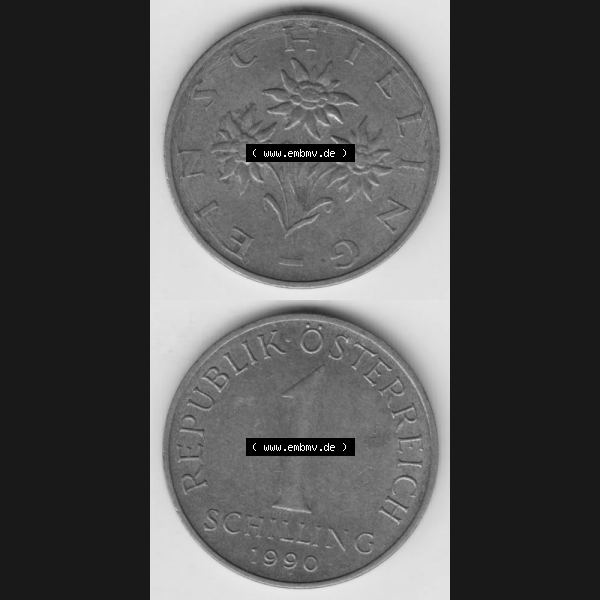 Grau bzw. s/w Münzen Österreich Umlaufmünze 1959-2001, 1 Schilling 1990, Münze aus Österreich mit Münzseiten Vertikal / Untereinander auf einen Bild für Mobile-Geräte... Sammlung Graustufen
